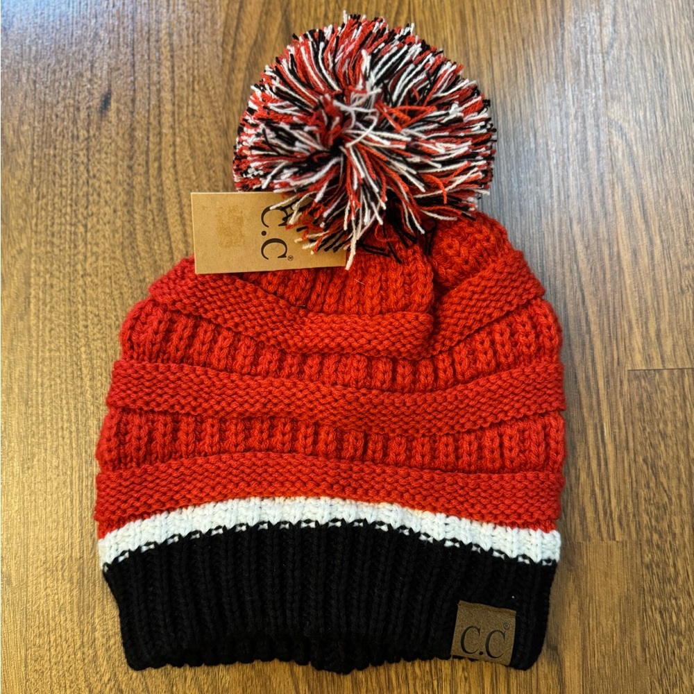 C.C Red and Black Pom-Pom Beanie NWT